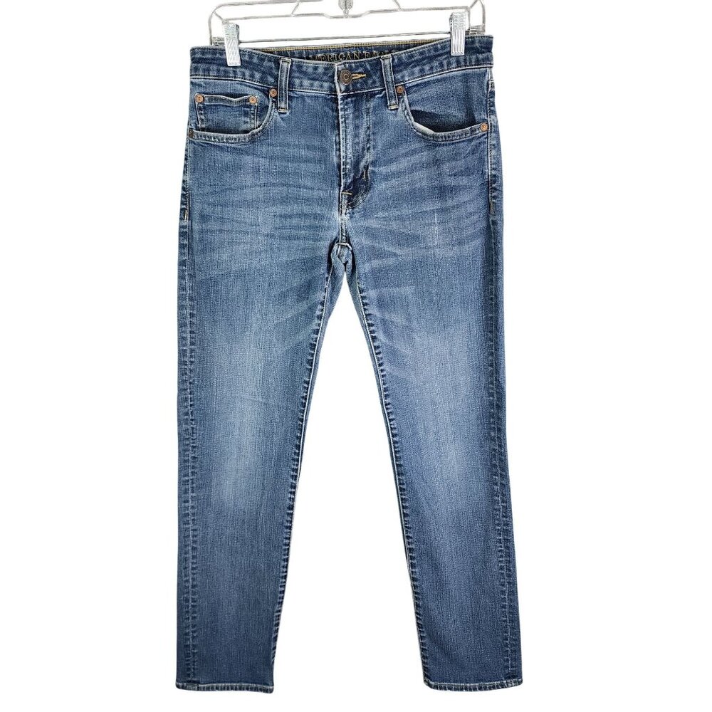Mens American Eagle Blue Denim Jeans Slim Straight Extreme Flex Size 31X32